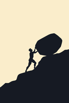 Silhouette of a man pushing a large boulder uphill, symbolizing struggle, perseverance, and determination. Minimalist conceptual artwork inspired by the myth of Sisyphus.