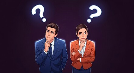 Confused business colleagues ponder questions seeking solutions in the workplace perfect for illustrating problem-solving and brainstorming in business settings.