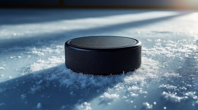 A close-up of a hockey puck resting on a snowy surface, illuminated by soft light, highlighting its texture and the surrounding frost.