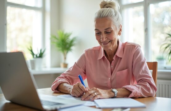 Elderly woman writes on paper at kitchen table, laptop open. Mature female reviews documents, manages finances, plans budget. Pensioner uses tech for home office tasks, sorting correspondence. - Powered by Adobe