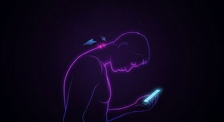 man using phone with neck pain illuminated neon outline depicting musculoskeletal disorders from excessive mobile usage suitable for health awareness campaigns