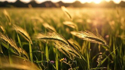 Cinematic hyper-realistic shot of tall grass swaying in gentle summer breeze with warm sunlight, peaceful nature loop