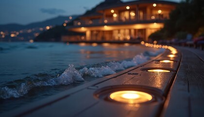 Seascape at dusk. Waters edge with gentle waves near illuminated wooden deck. Lights reflect warmly. Mountain background with distant buildings. Coastal ambiance in tranquil evening atmosphere at