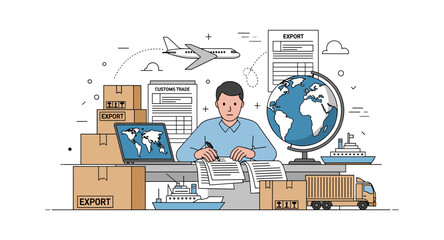 Global trade and export management scene with logistics elements