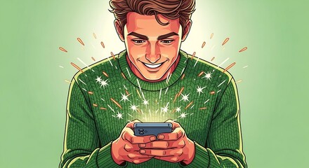 Man using smartphone with sparkling screen sharing content for social media engagement in a digital world perfect for tech blogs and modern marketing