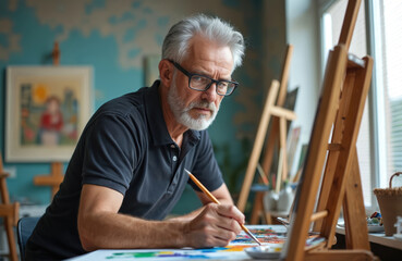 Mature man with grey beard paints art in studio. He wears glasses, holds brush, looks serious, focused. Artist creates colorful picture on canvas. Senior enjoys hobby, learns new skills indoors.