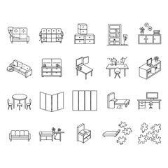 furniture icons furnishing a modern home with detailed line art of sofas tables beds desks and storage solutions ideal for interior design concepts.