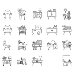 furniture line drawing icons of modern home decor showcasing minimalist design elements ideal for interior design blogs and architectural presentations.