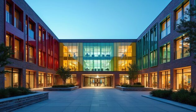 Modern school building exterior with red green colors at dusk. Large windows reflect interior lights. Urban educational architecture shows classrooms, campus. Student activity is seen within school.