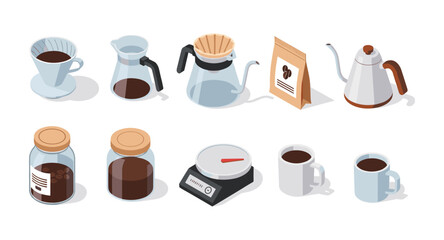 Coffee brewing essentials in isometric design: drippers, kettles, and accessories