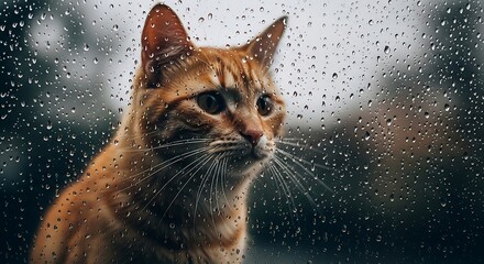 Ginger cat looking out rainy window observing raindrops during a storm ideal for pet blogs conveying coziness animal lovers and rainy day ambiance.