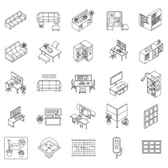 office furniture outline icons depicting workplace interiors providing detailed design assets for architecture projects  interior design concepts.