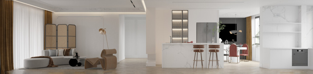 3d render modern home interior living room, dining space