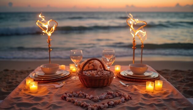 Romantic dinner for two on beach sand at sunset. Table set with candles, wine glasses, heart decor, and ocean waves backdrop. Intimate evening meal by the sea.