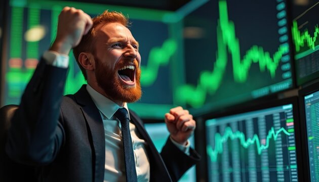 Man with beard cheers in trading room. Green stock charts on monitors show market growth. Excited trader celebrates financial success late afternoon. Businessman wins big profit.