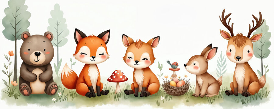 Cute cartoon forest animals bear fox fawn bunny deer bird with bird nest eggs sitting on grass near trees. Watercolor boho style illustration ideal for children decor.