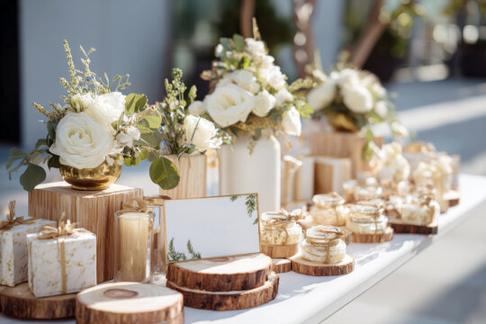An elegant display of wedding favors and decor on a sunlit table, featuring white rose bouquets, natural wood slices, gold accents, and small jars of treats. Perfect for rustic or outdoor event themes