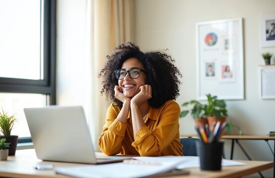 Young woman smiles thoughtfully while resting chin on hands at desk with laptop. She has curly hair and wears glasses, looking upwards with happy expression. Creative work or study.