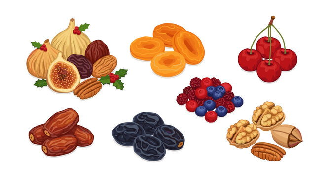 Assorted dried fruits and nuts collection with berries on white background