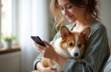 Young woman holds corgi dog, uses phone indoor near window. Female owner plays with puppy. Girl scrolls social media with her pet at home enjoys together