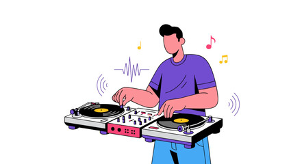 Colorful dj mixing music with turntables and headphones in modern style