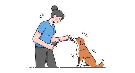 Woman training dog with clicker in minimalist style