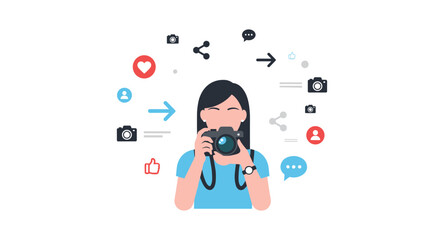 Social media content creator with camera and engagement icons around her