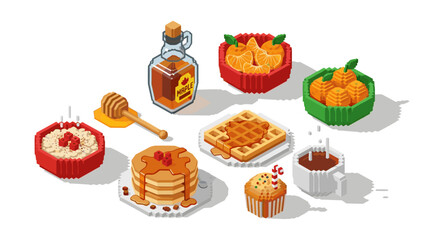 Isometric breakfast spread with pancakes, waffles, and fruits