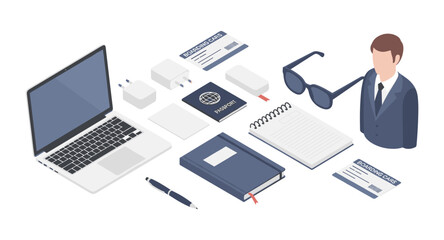 Business travel essentials in isometric style with laptop, notebook, and accessories