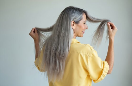 Smiling middle aged woman proudly displays long grey hair, playfully holding strands of silver locks. Female model embraces natural aging beauty, healthy mature hair care. Studio shot highlights