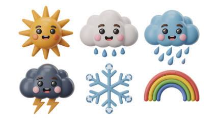 Cute Cartoon Weather Icons With Sun Clouds Rain Snowflake And Rainbow graphic design