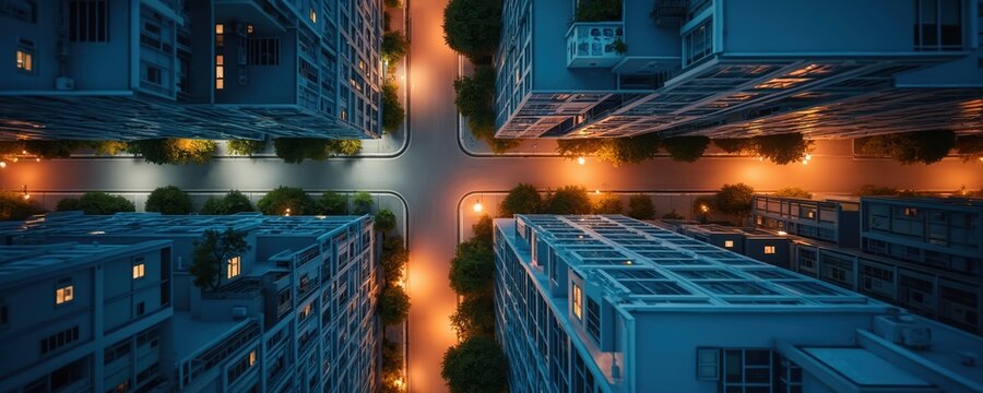 Top down view of city intersection at night. Modern apartment buildings with glowing windows line illuminated streets and green trees. Traffic lights create orange glow. - Powered by Adobe
