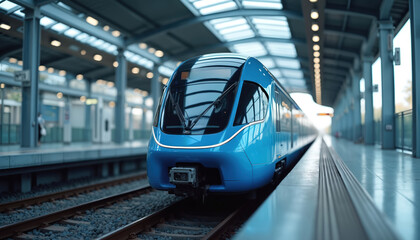 Sleek, blue, modern train waits at bright, clean, contemporary station platform. Hydrogen-powered urban rail vehicle represents advanced sustainable tech development for public transport. Promotes