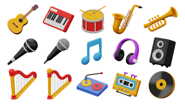 Music and Audio Icons Set – Colorful Cartoon Instruments, Microphones, Headphones & DJ Gear