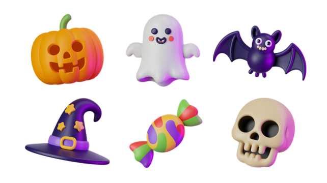 Set of six 3D rendered Halloween icons on black background pumpkin ghost