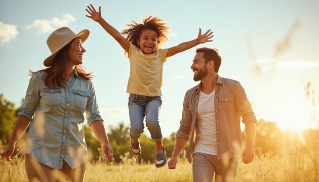 Joyful diverse family walks through sunlit field at golden hour. Parents watch child jump and laugh. Summer vacation, outdoor play, happy bonding.