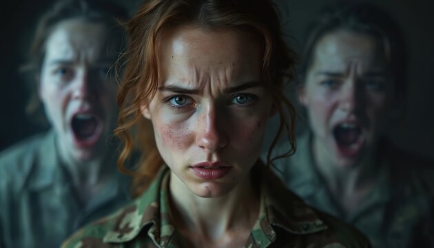 Female soldier with ptsd looks tired and stressed. War trauma causes anxiety and insomnia. She is angry and frustrated with mental health issues, screaming in distress.