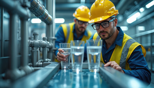 Two male engineers in hard hats, vests examine glasses of water next to industrial pipes. They test new water purification system for clean drinking quality, sustainable resource management solutions.
