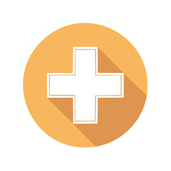 Obraz premium Medical cross symbol in orange circle, flat design healthcare icon with long shadow