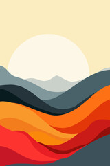 Colorful abstract landscape with layered mountains and hills in warm red, orange, and gray tones. Minimalist sunrise scene symbolizing nature, balance, and harmony.