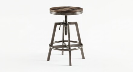 Modern metal stool with adjustable height and round wooden seat.