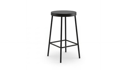 Modern black metal stool with round seat and four legs.