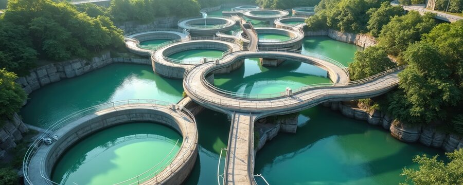 Aerial view of circular water basins and pathways. Clean water flows through advanced purification tanks. Green trees surround the industrial facility. - Powered by Adobe