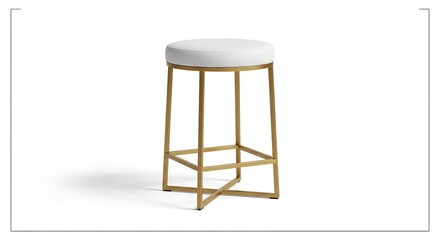 Modern minimalist white bar stool with gold metal frame.