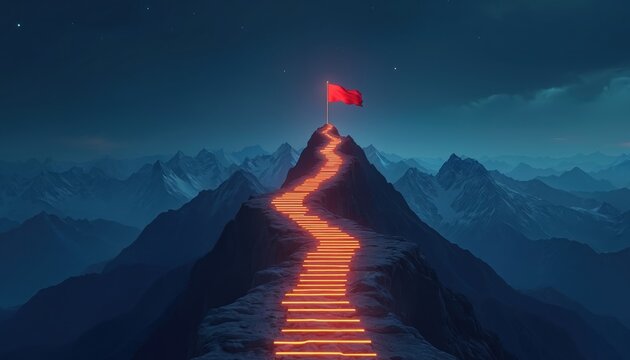 Glowing path leads up mountain peak with red flag. Neon stairs mark a route toward success and victory. Night sky with stars and distant ranges.
