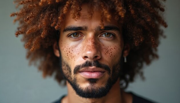 Young man with afro curly hair and freckles looks directly at camera. Male model poses in studio with confidence. Natural beauty shown with clear skin.