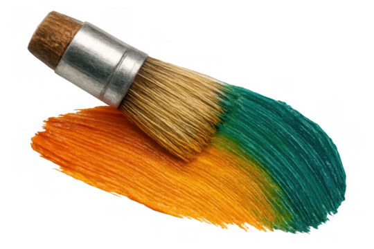 Paint brush creating colorful strokes of orange and green paint, artistic creativity and craft concept