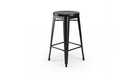 A single black metal bar stool with a round seat and four tapered legs on a white background.