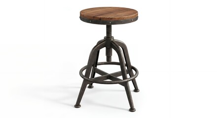 Industrial style adjustable bar stool with a round wooden seat and cast iron base isolated on a white background.