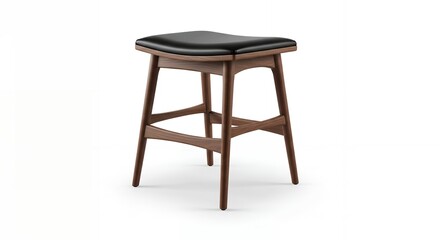 Modern wooden stool with black leather cushion on white background.